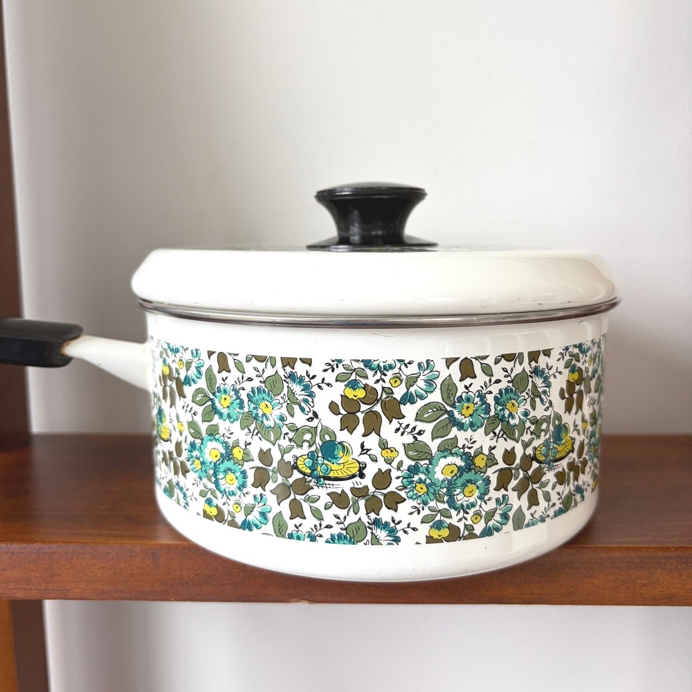Vintage Enamel Saucepan with Lid 70s Floral Blue Green White Retro Cookware 7.5"